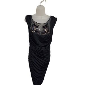 Vintage 80s Arden B Sequin Dress Bodycon Ruched Cocktail Party Black Dress Sz‎ L